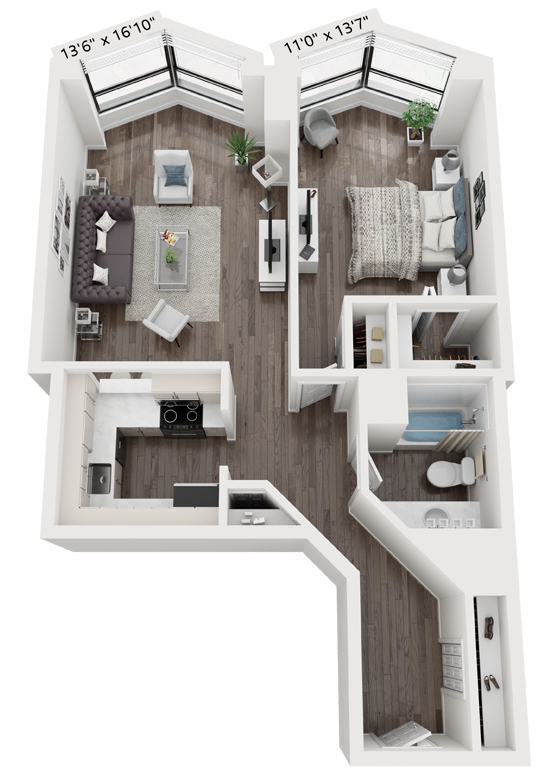 Floor plan for 1 bed, 1 bath, 755 sqft